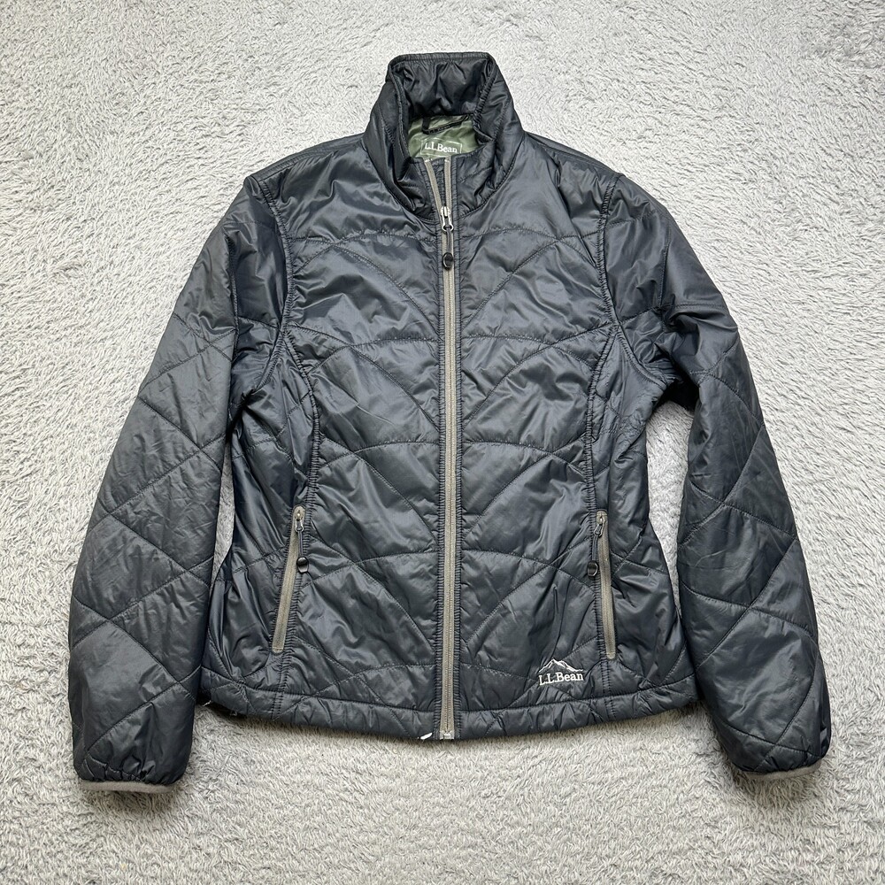 LL Bean Puffer Jacket Womens XS Petite Black Gray Full Zip Primaloft Insulated